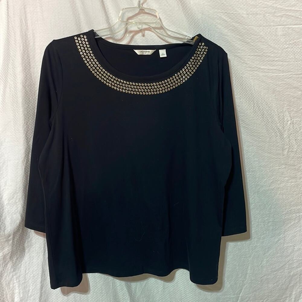 Liz Claiborne 2x black gold studded scoop neckline 3/4 sleeve vintage euc